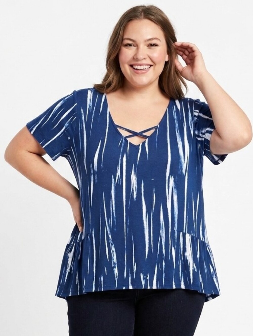 Rock & Republic Navy & White Short Sleeve V-Neck Tee with Crisscross Detail